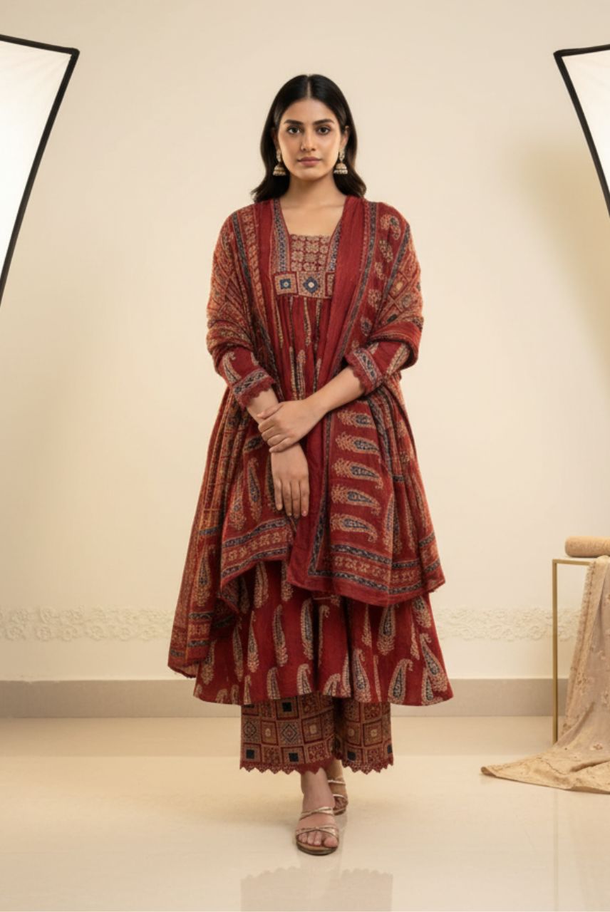 Maroon Paisley Printed Kurta Set with Dupatta