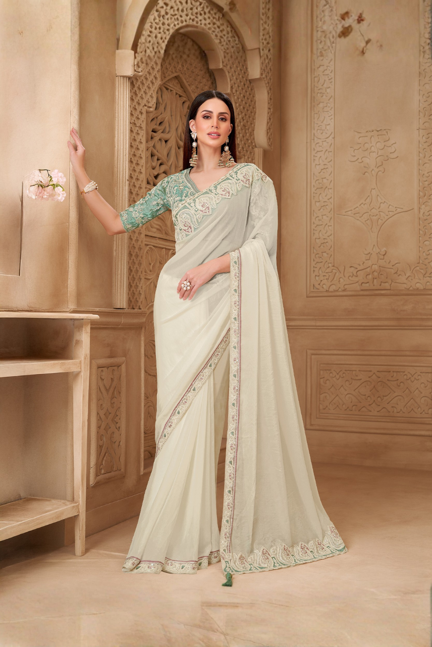 Noor-e-Zehra – Ivory Mint Heritage Saree