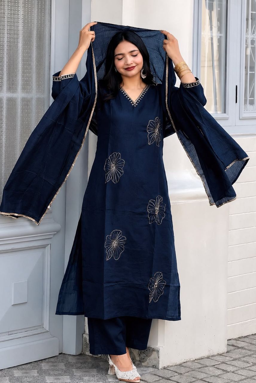 Navy Blue Vichitra Silk Jacquard Zari Weaving Kurta Set with Dupatta