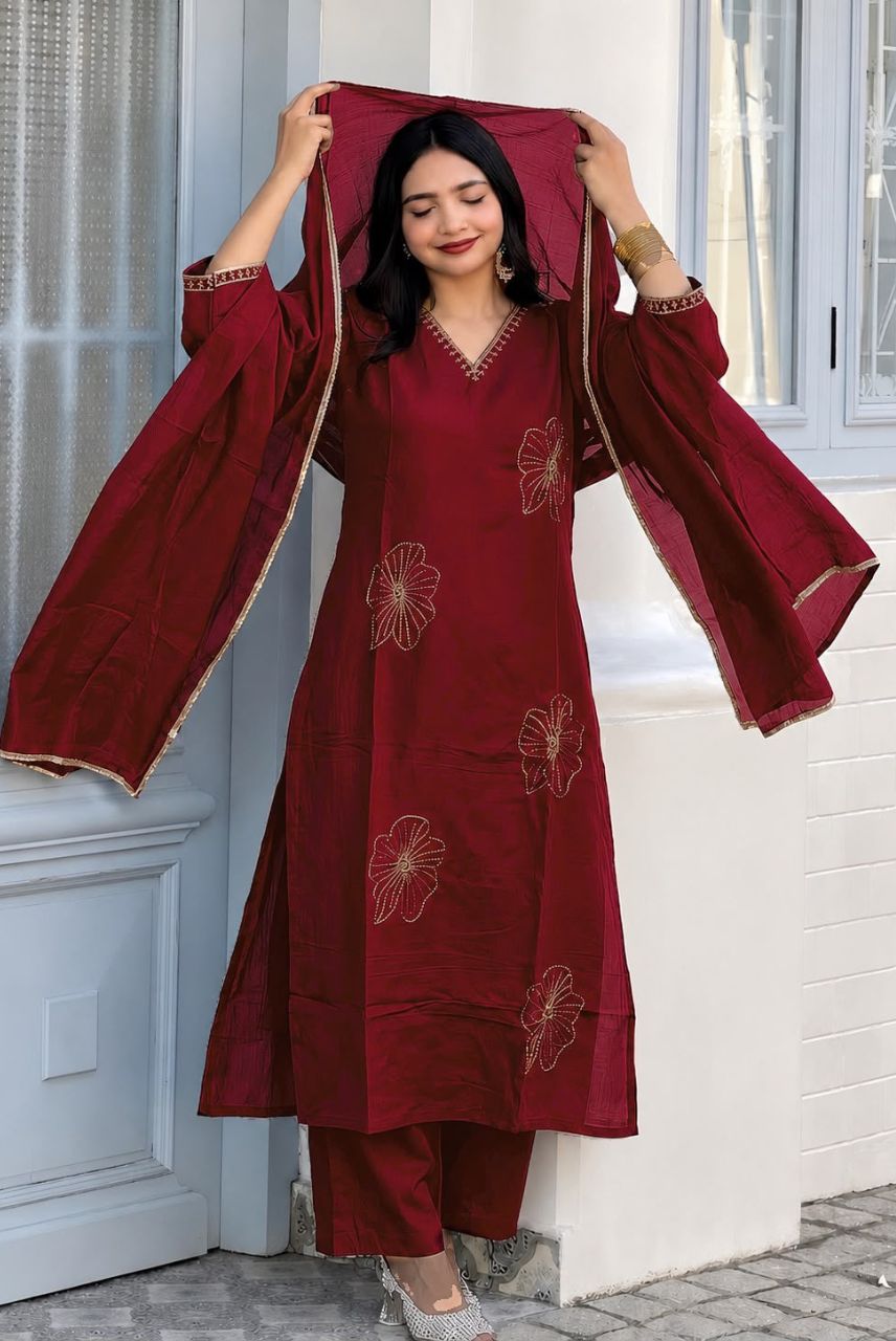 Wine Red Vichitra Silk Jacquard Zari Weaving Kurta Set with Dupatta