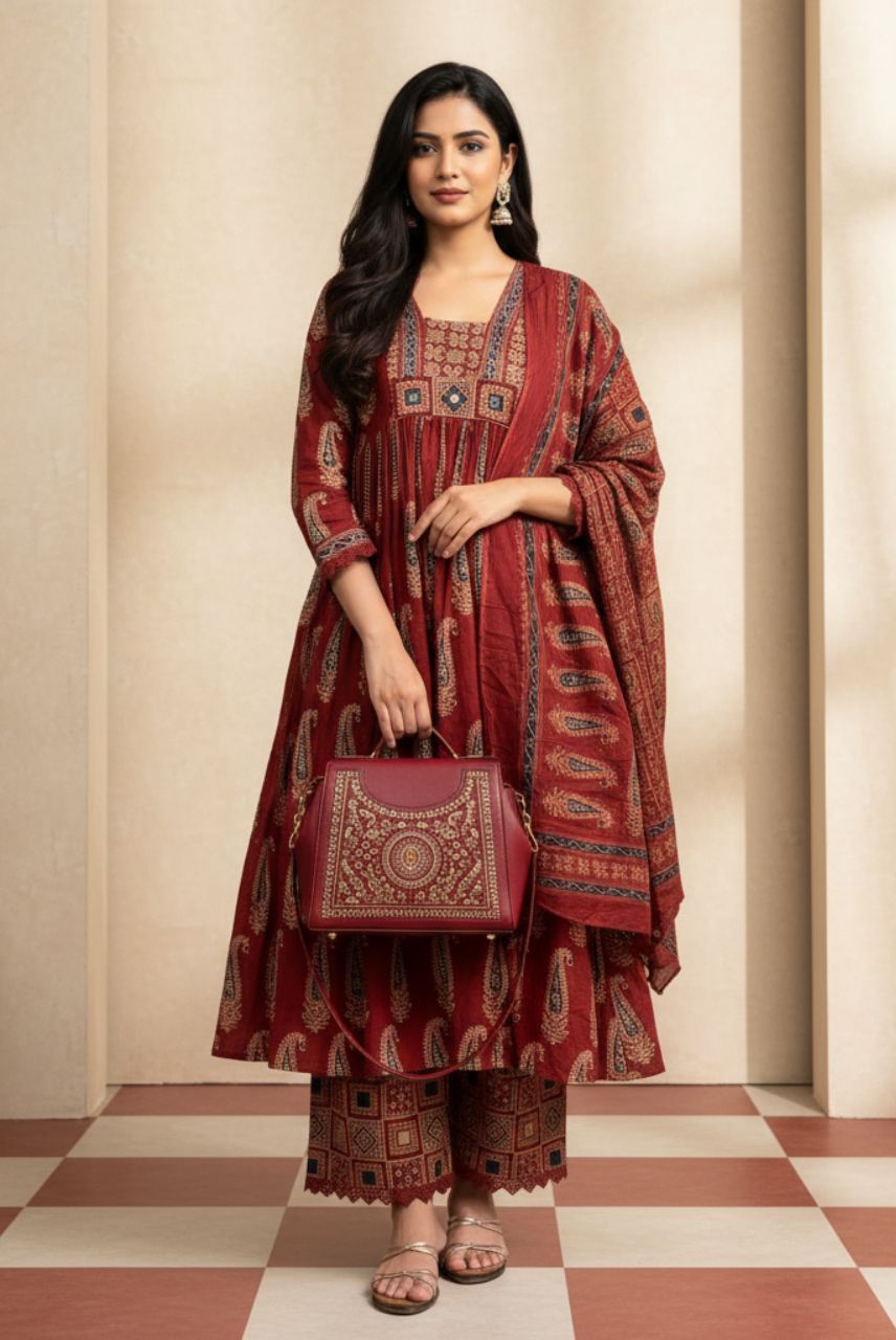 Maroon Paisley Printed Kurta Set with Dupatta