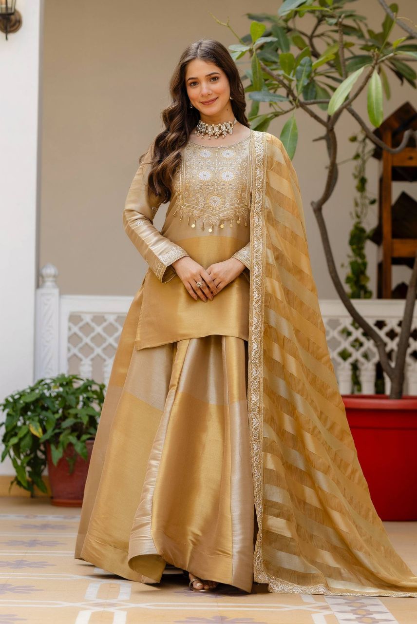 Golden Tissue Silk Embroidered Kurta Set with Premium Tissue Dupatta