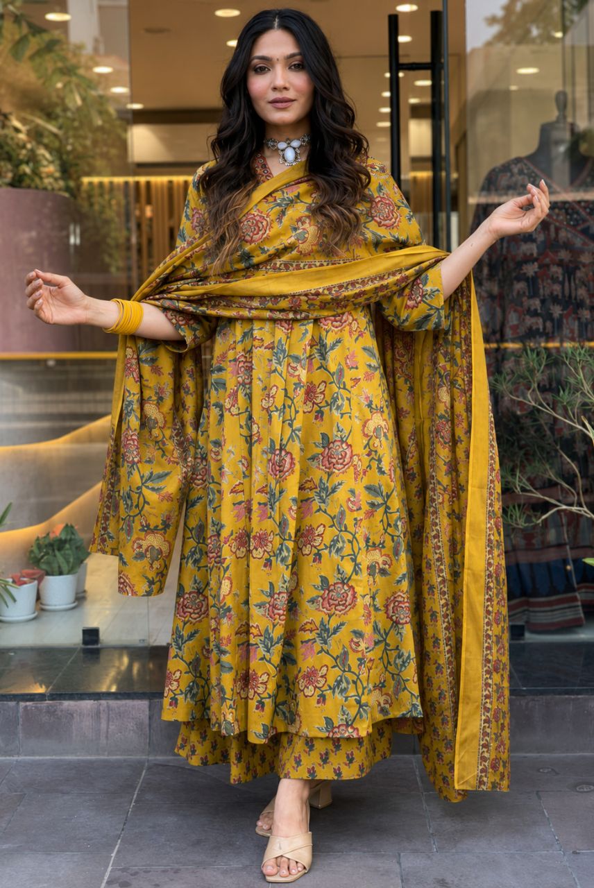 Mustard Floral Printed A-Line Kurta Set with Palazzo & Dupatta