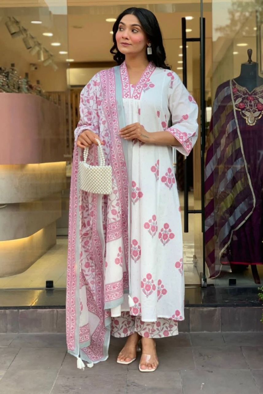 White & Pink Floral Printed Kurta Set with Dupatta