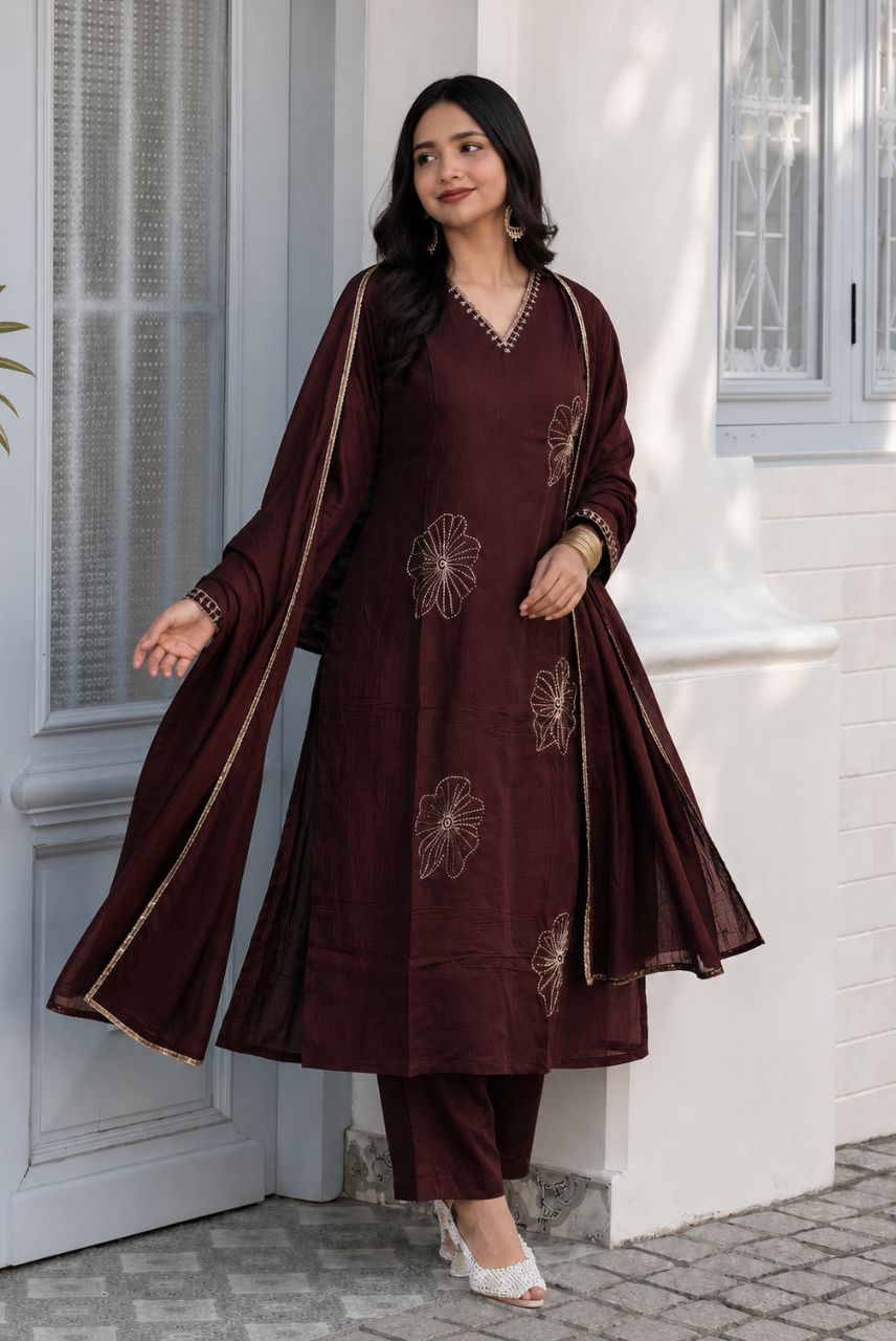 Coffee Brown Vichitra Silk Jacquard Zari Weaving Kurta Set with Dupatta