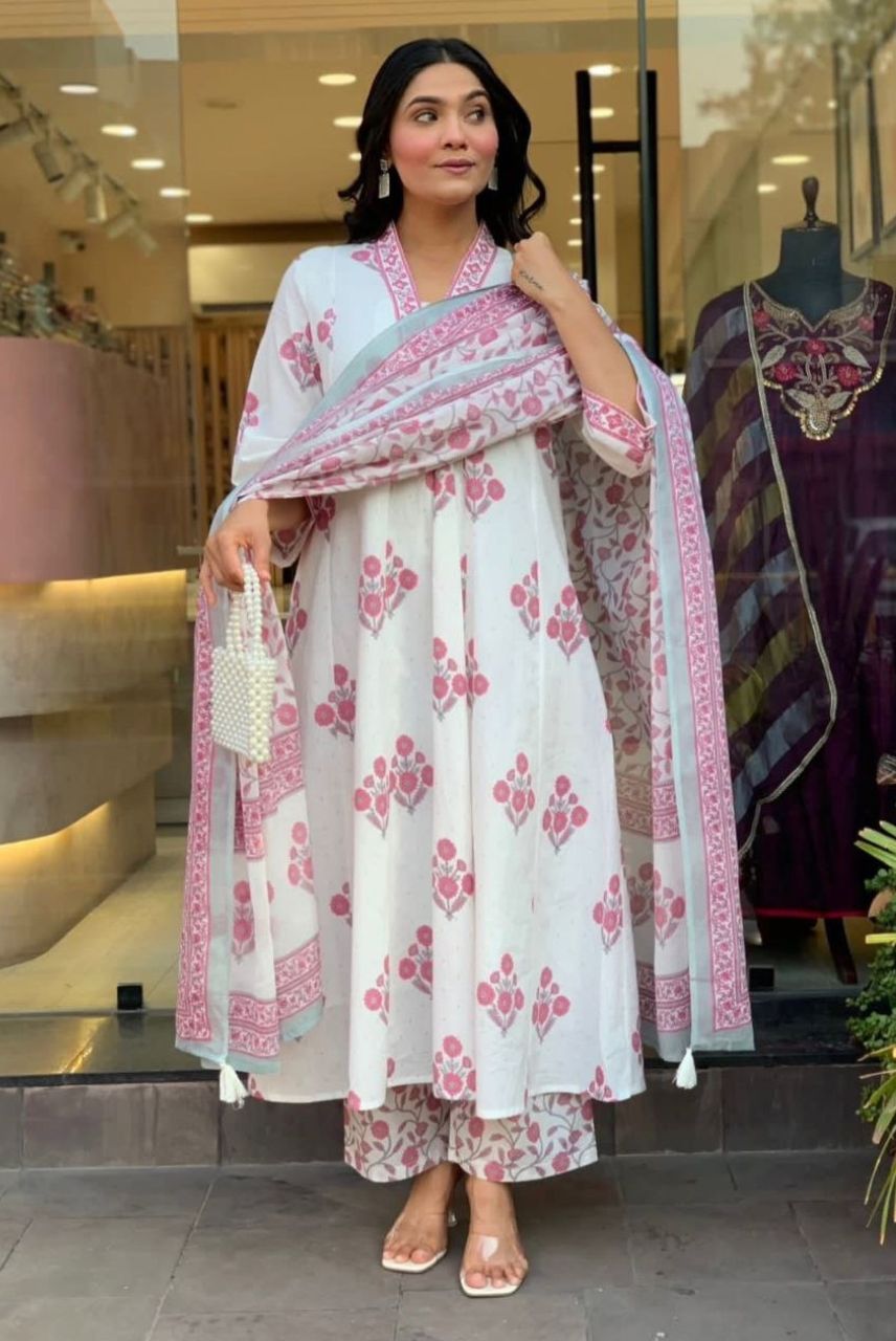 White & Pink Floral Printed Kurta Set with Dupatta