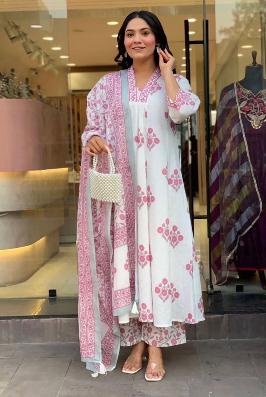 White & Pink Floral Printed Kurta Set with Dupatta