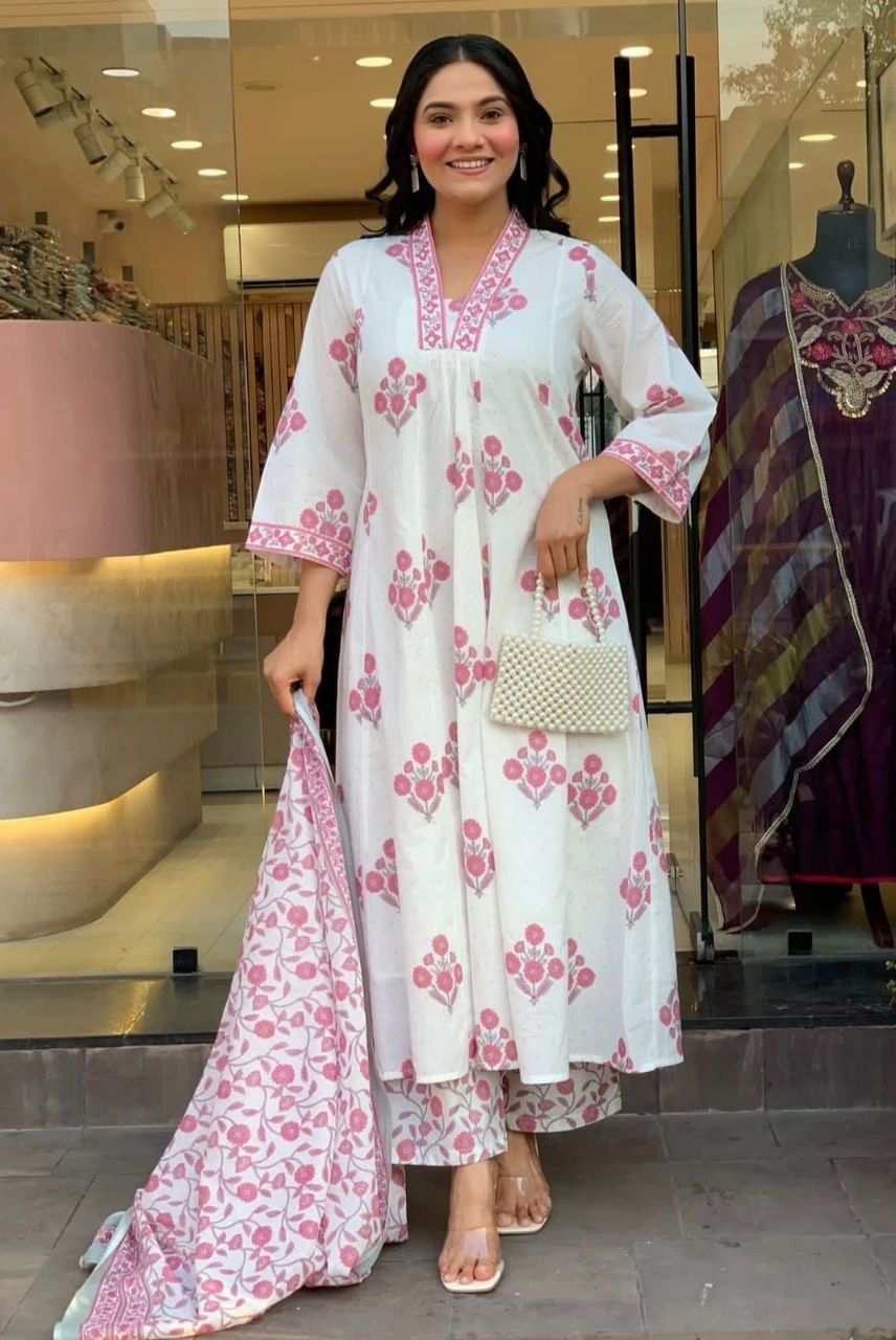 White & Pink Floral Printed Kurta Set with Dupatta