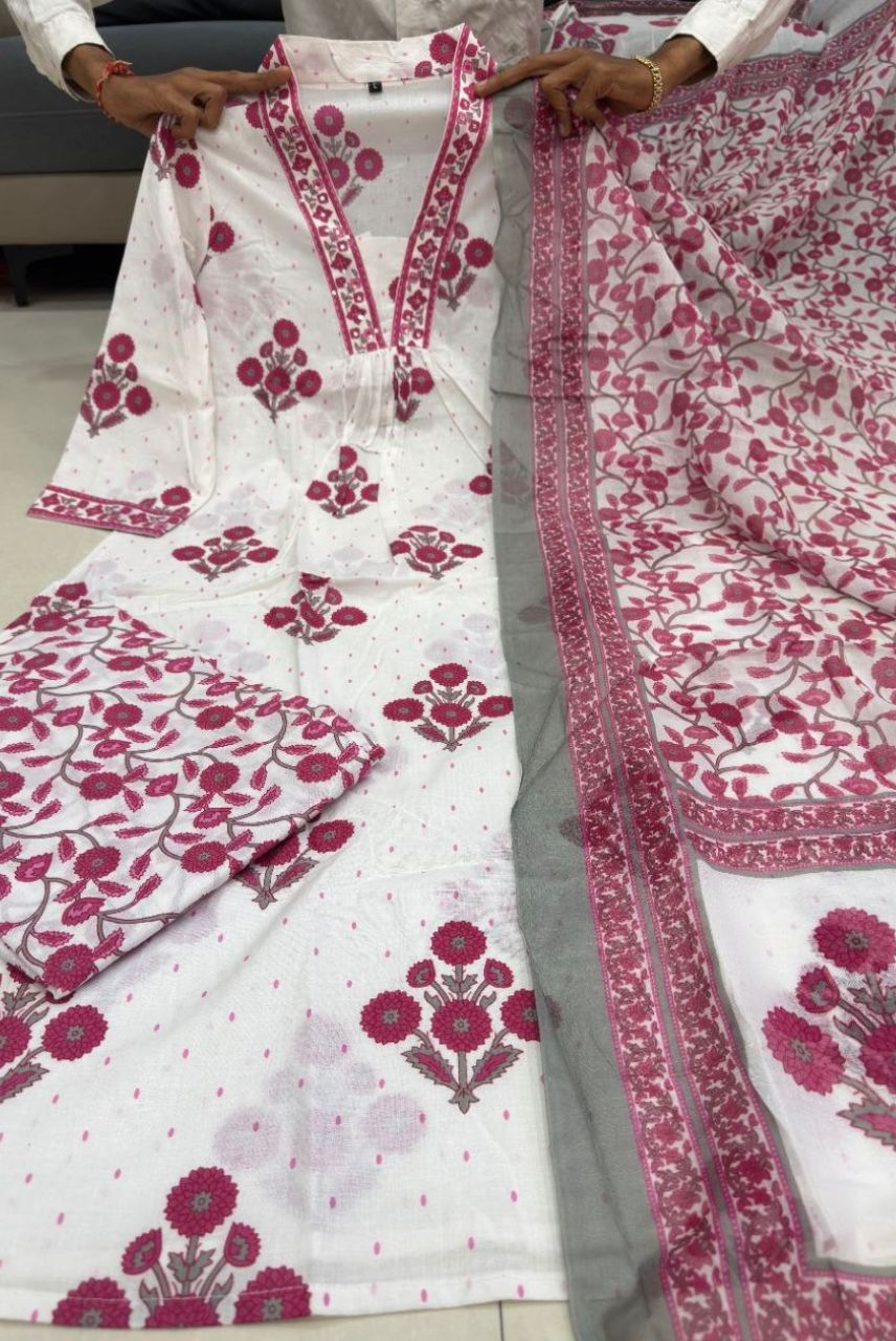 White & Pink Floral Printed Kurta Set with Dupatta