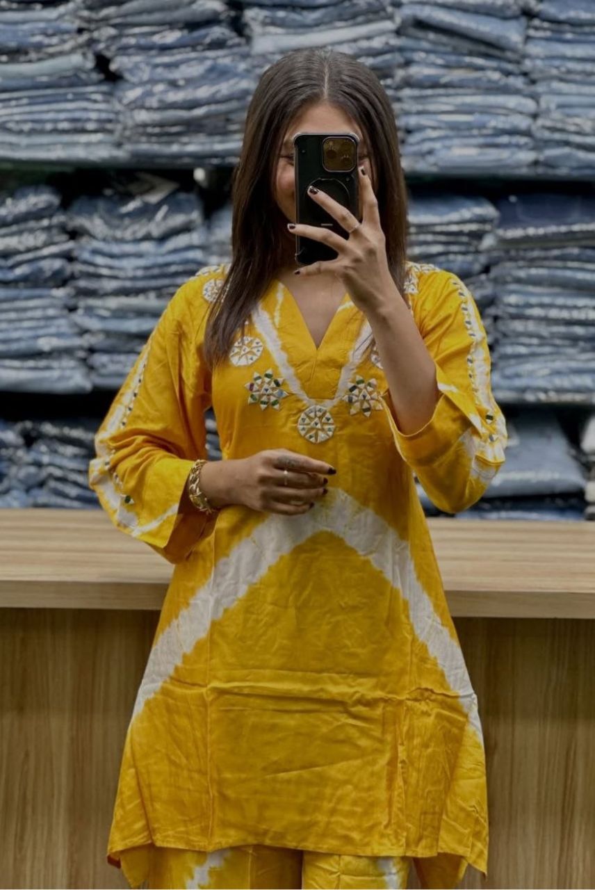 Mustard Bandhej Fusion Kurta Set