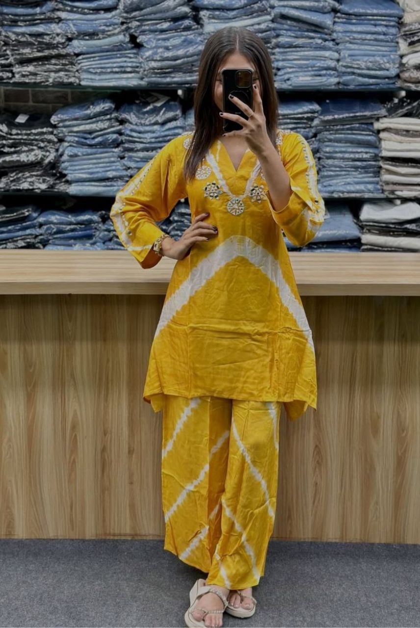 Mustard Bandhej Fusion Kurta Set