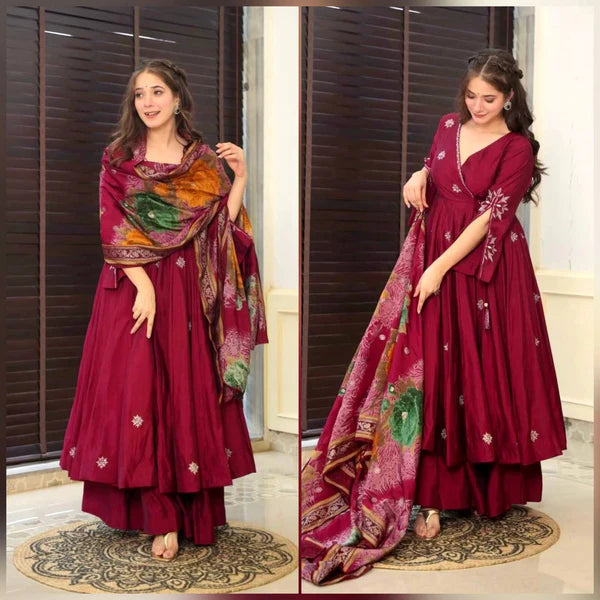 Wine Maroon Embroidered Anarkali Suit Set with Printed Dupatta