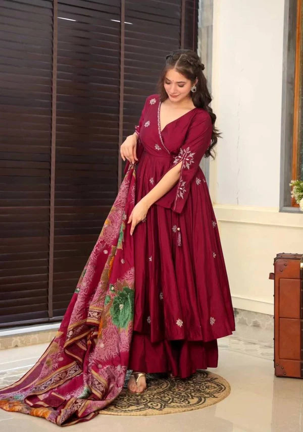 Wine Maroon Embroidered Anarkali Suit Set with Printed Dupatta