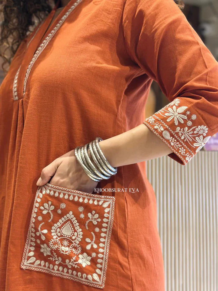 Rust Orange Charm Embroidered Cotton Kurta Set