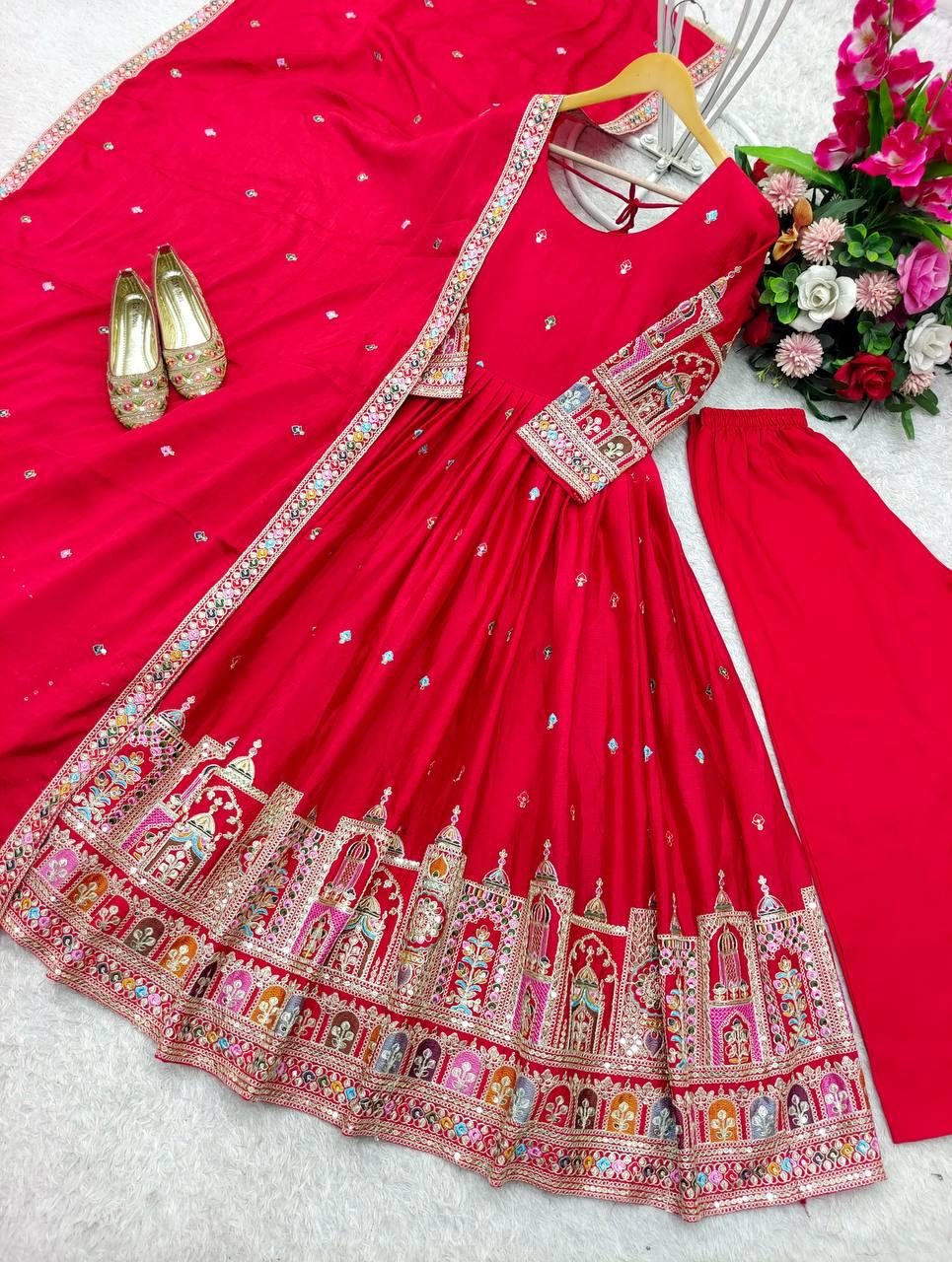 Royal Chinon Silk Embroidered Gown Set-Red