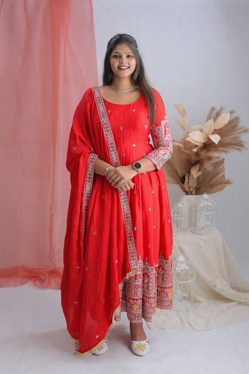 Royal Chinon Silk Embroidered Gown Set-Red