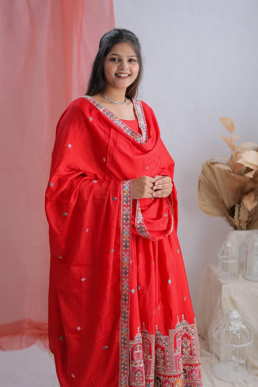 Royal Chinon Silk Embroidered Gown Set-Red