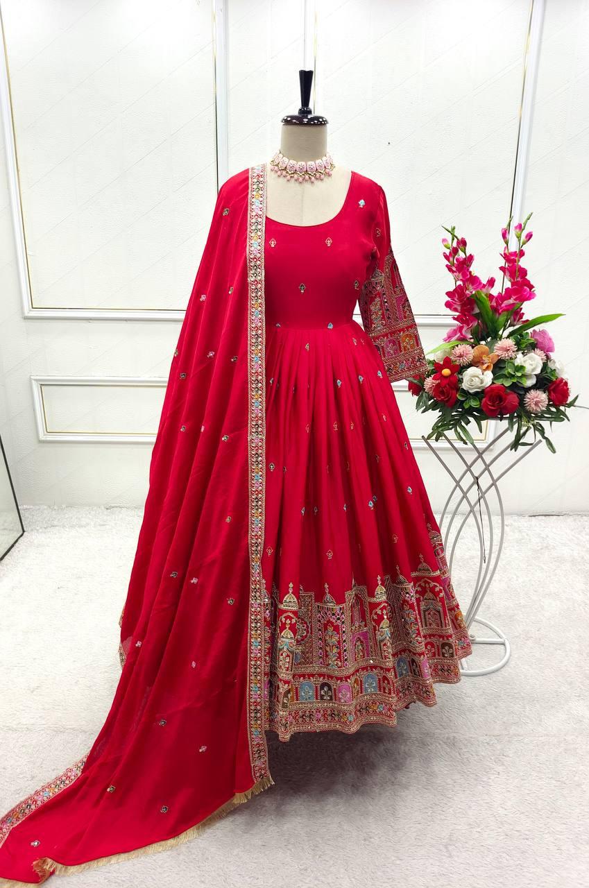 Royal Chinon Silk Embroidered Gown Set-Red