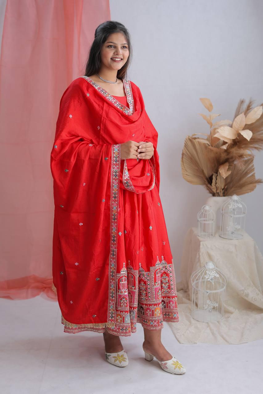 Royal Chinon Silk Embroidered Gown Set-Red