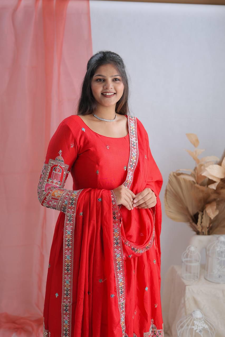 Royal Chinon Silk Embroidered Gown Set-Red