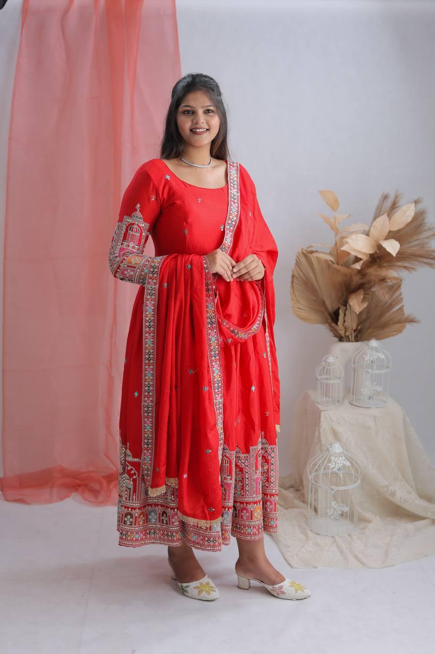 Royal Chinon Silk Embroidered Gown Set-Red