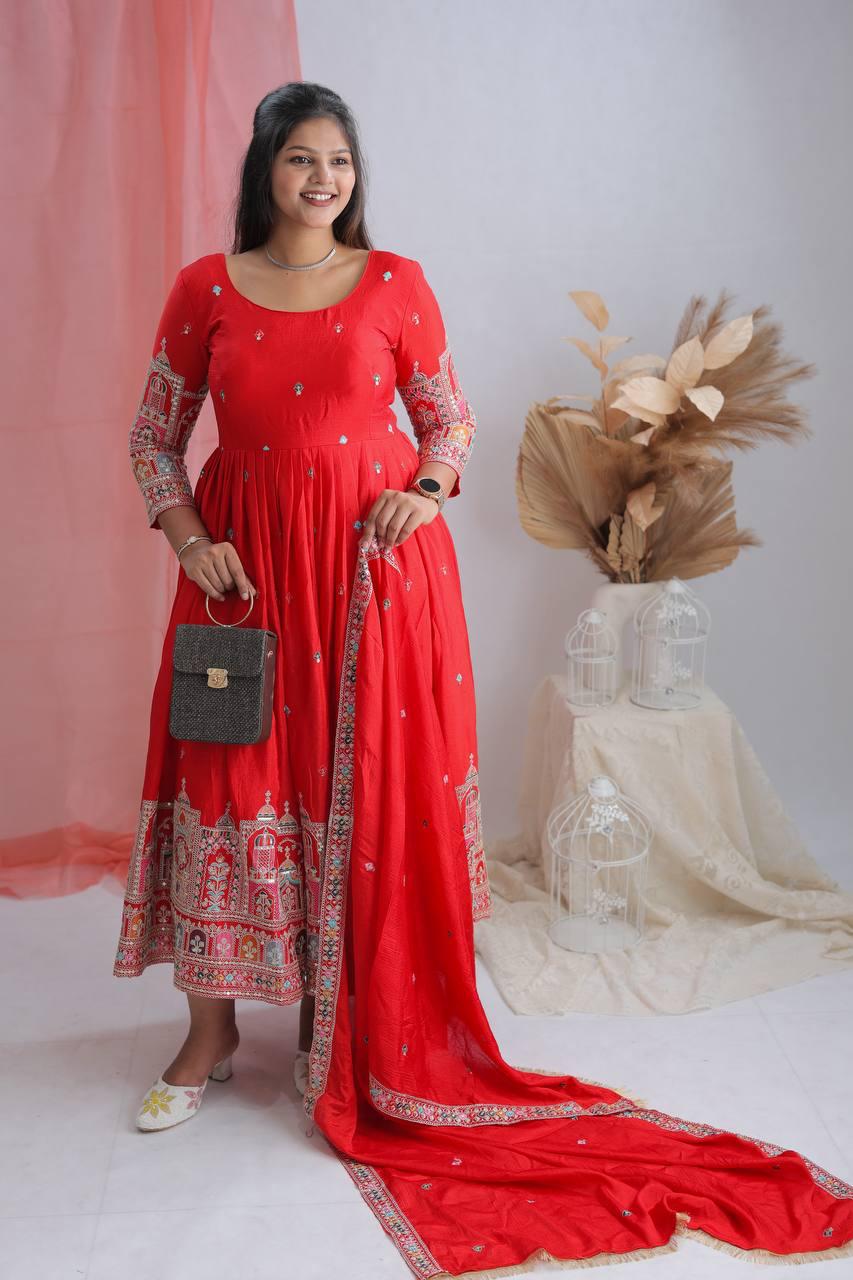 Royal Chinon Silk Embroidered Gown Set-Red