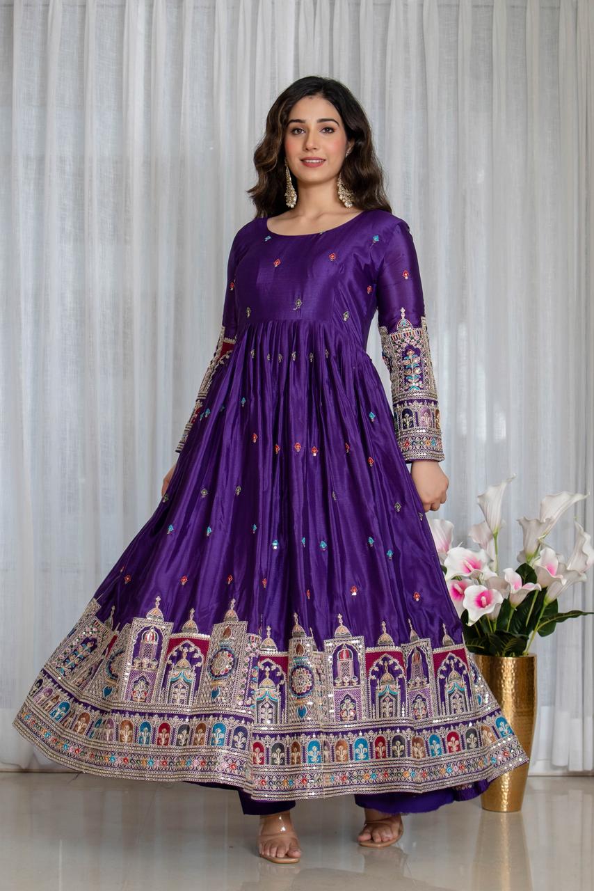 Royal Chinon Silk Embroidered Gown Set-Dark Purple