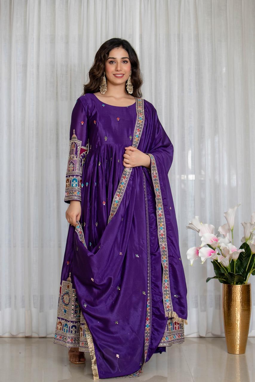 Royal Chinon Silk Embroidered Gown Set-Dark Purple
