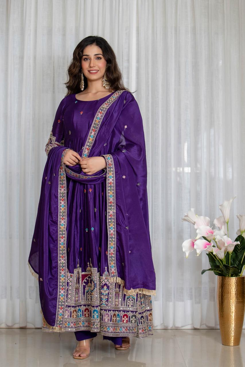 Royal Chinon Silk Embroidered Gown Set-Dark Purple