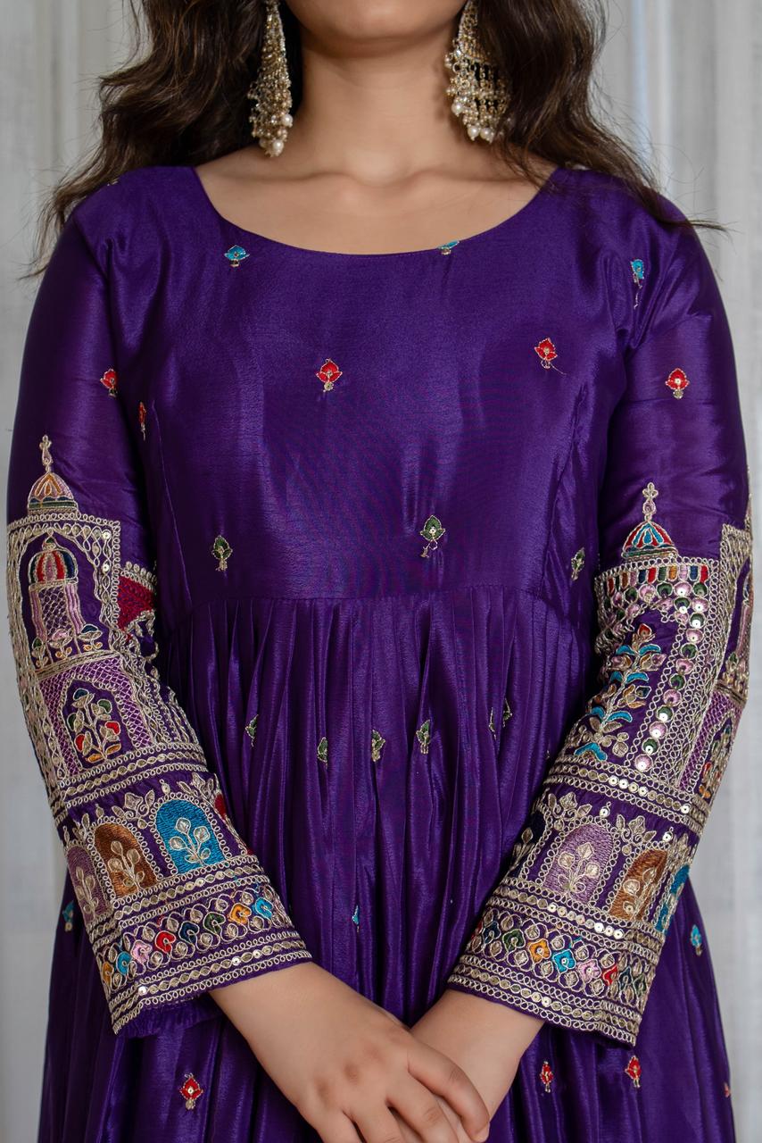 Royal Chinon Silk Embroidered Gown Set-Dark Purple