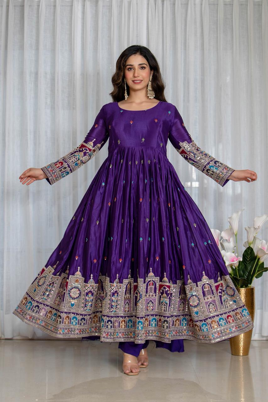 Royal Chinon Silk Embroidered Gown Set-Dark Purple