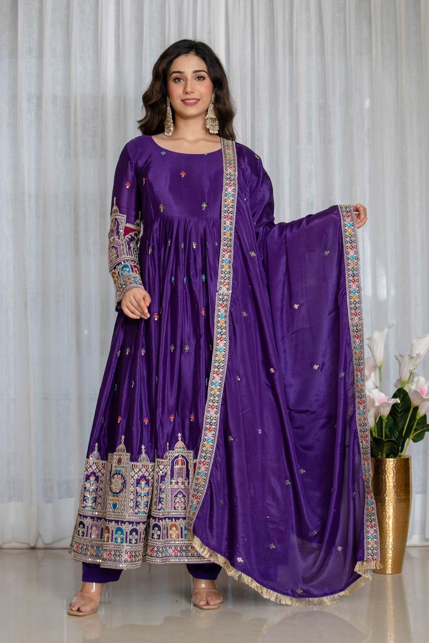 Royal Chinon Silk Embroidered Gown Set-Dark Purple