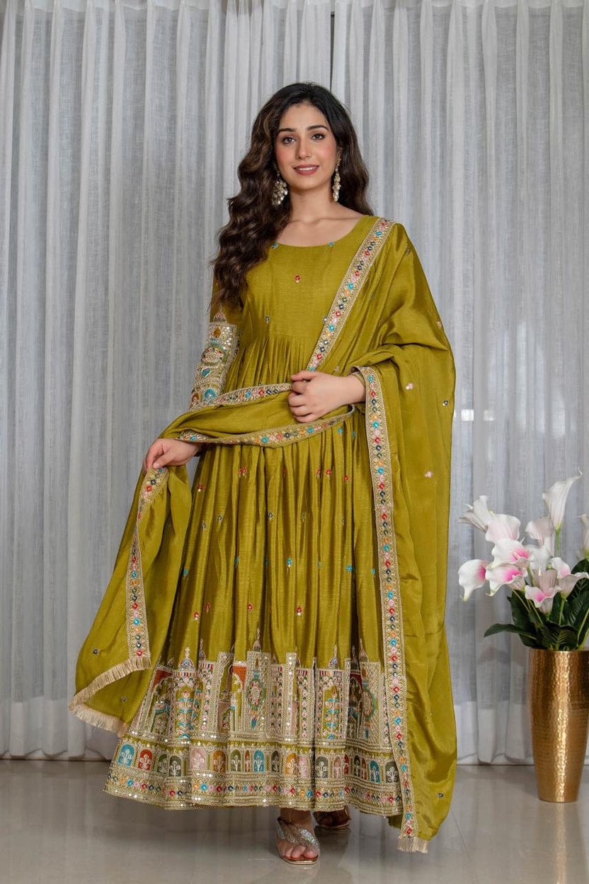 Royal Chinon Silk Embroidered Gown Set-Mehendi