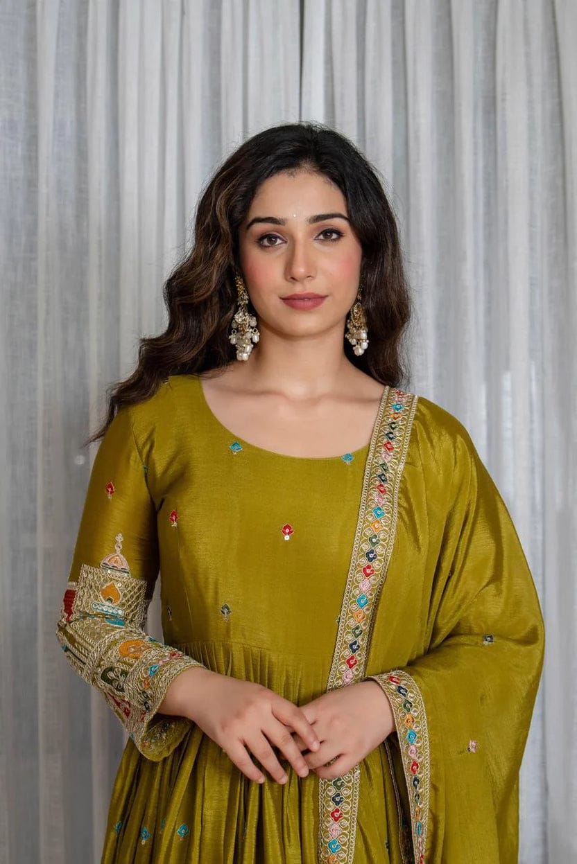 Royal Chinon Silk Embroidered Gown Set-Mehendi