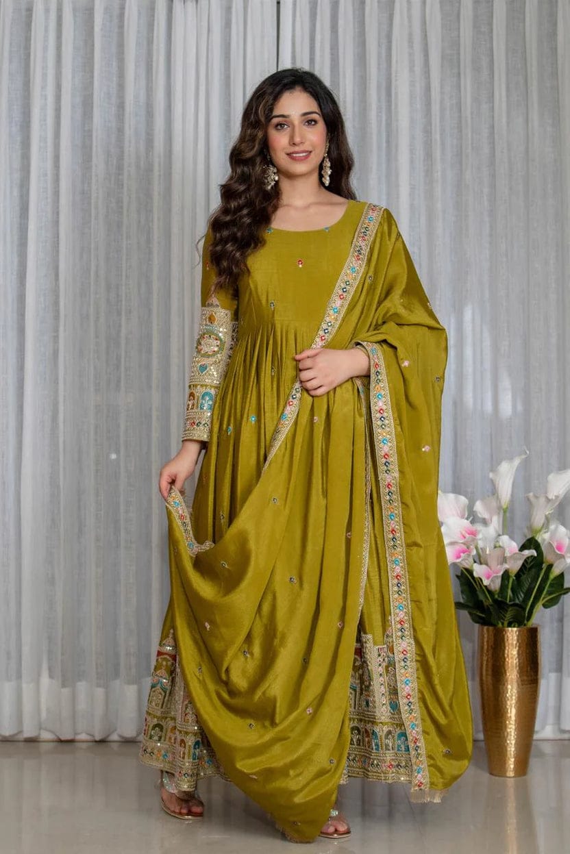 Royal Chinon Silk Embroidered Gown Set-Mehendi