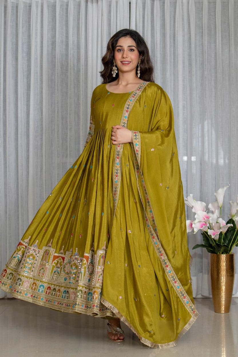 Royal Chinon Silk Embroidered Gown Set-Mehendi