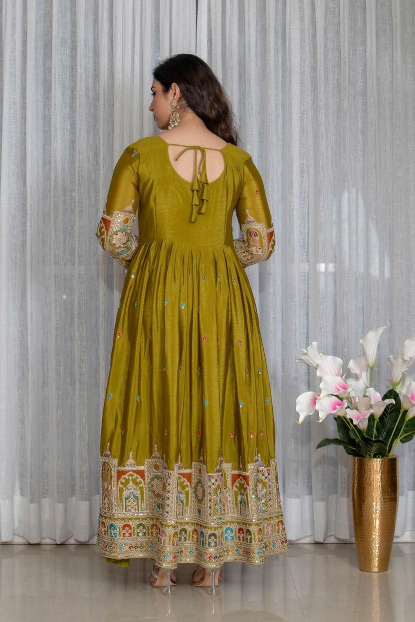 Royal Chinon Silk Embroidered Gown Set-Mehendi