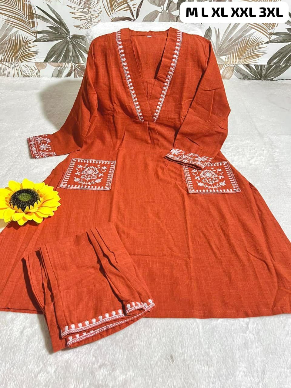 Rust Orange Charm Embroidered Cotton Kurta Set
