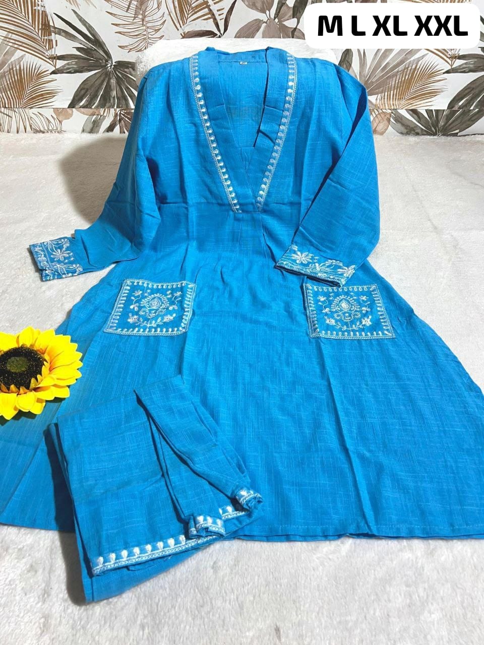 Sky Blue Charm Embroidered Cotton Kurta Set