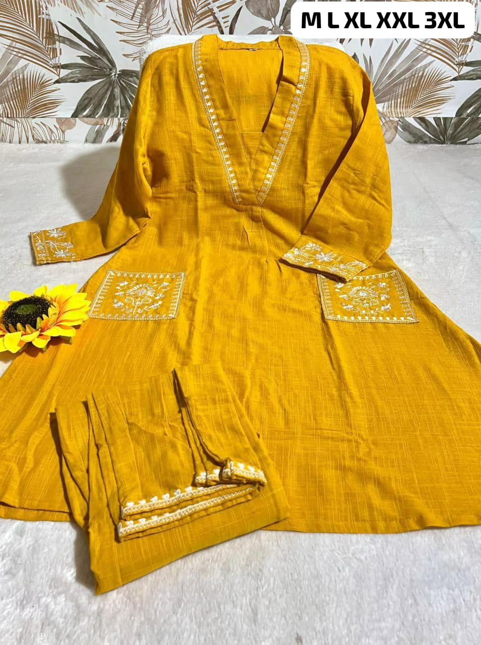 Mustard Charm Embroidered Cotton Kurta Set