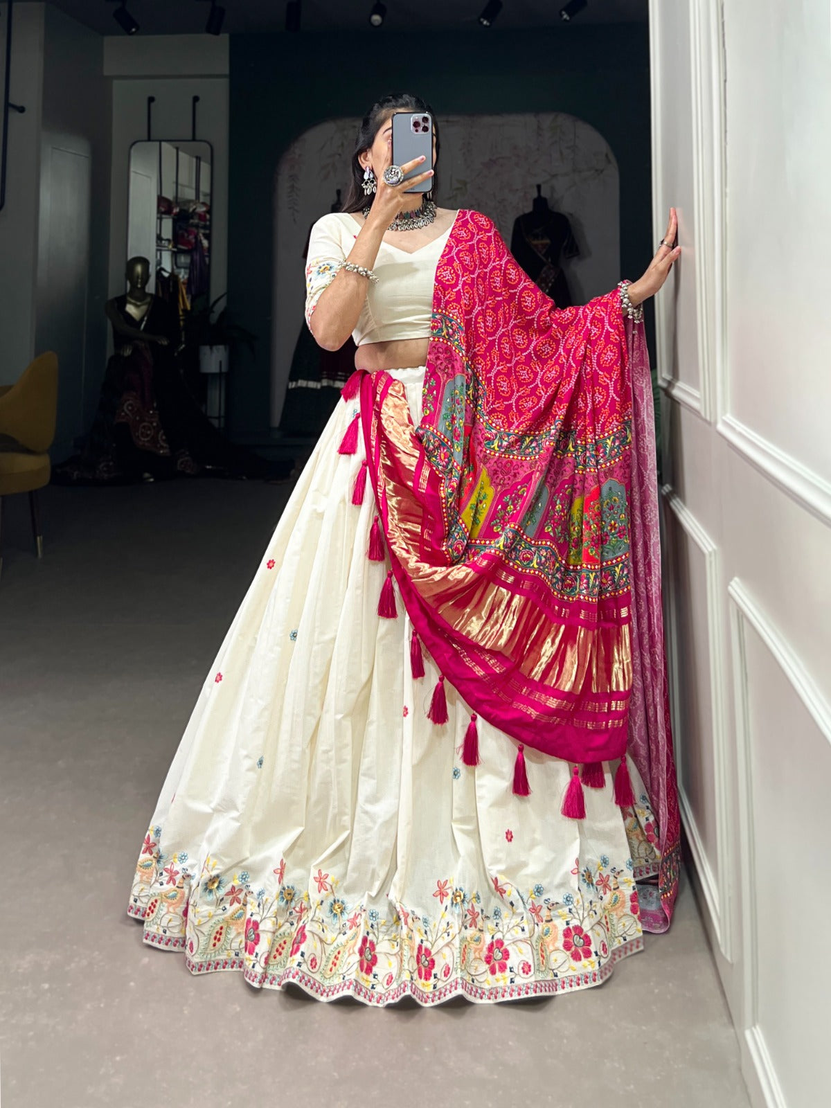 Ivory Floral Embroidered Festive Lehenga Set
