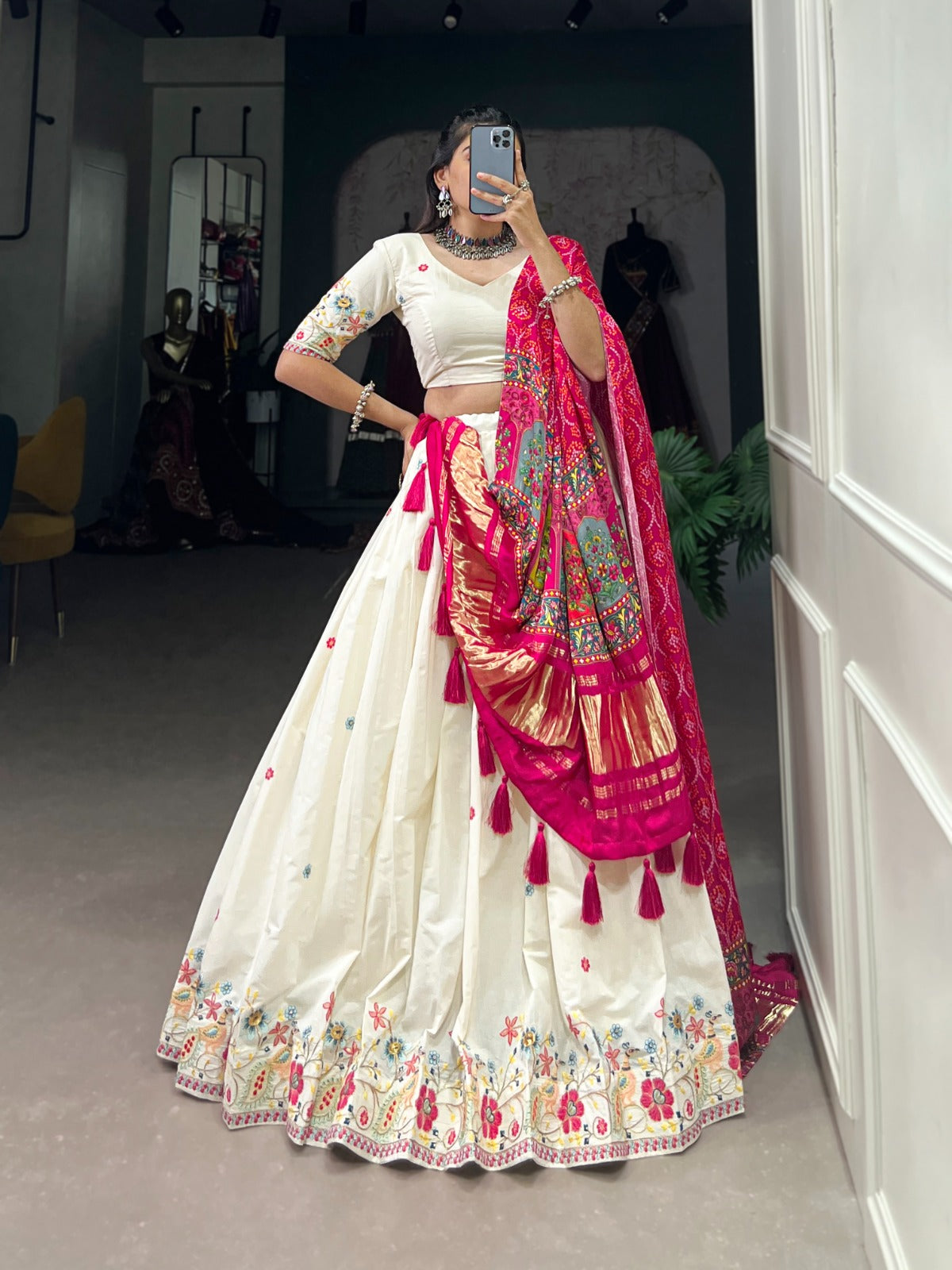 Ivory Floral Embroidered Festive Lehenga Set