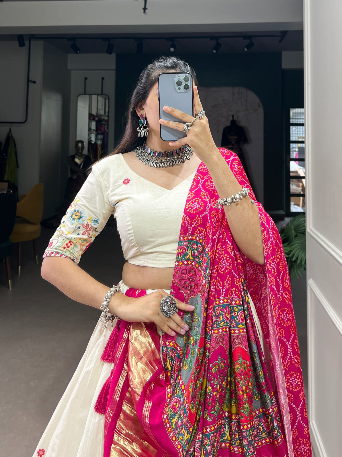 Ivory Floral Embroidered Festive Lehenga Set