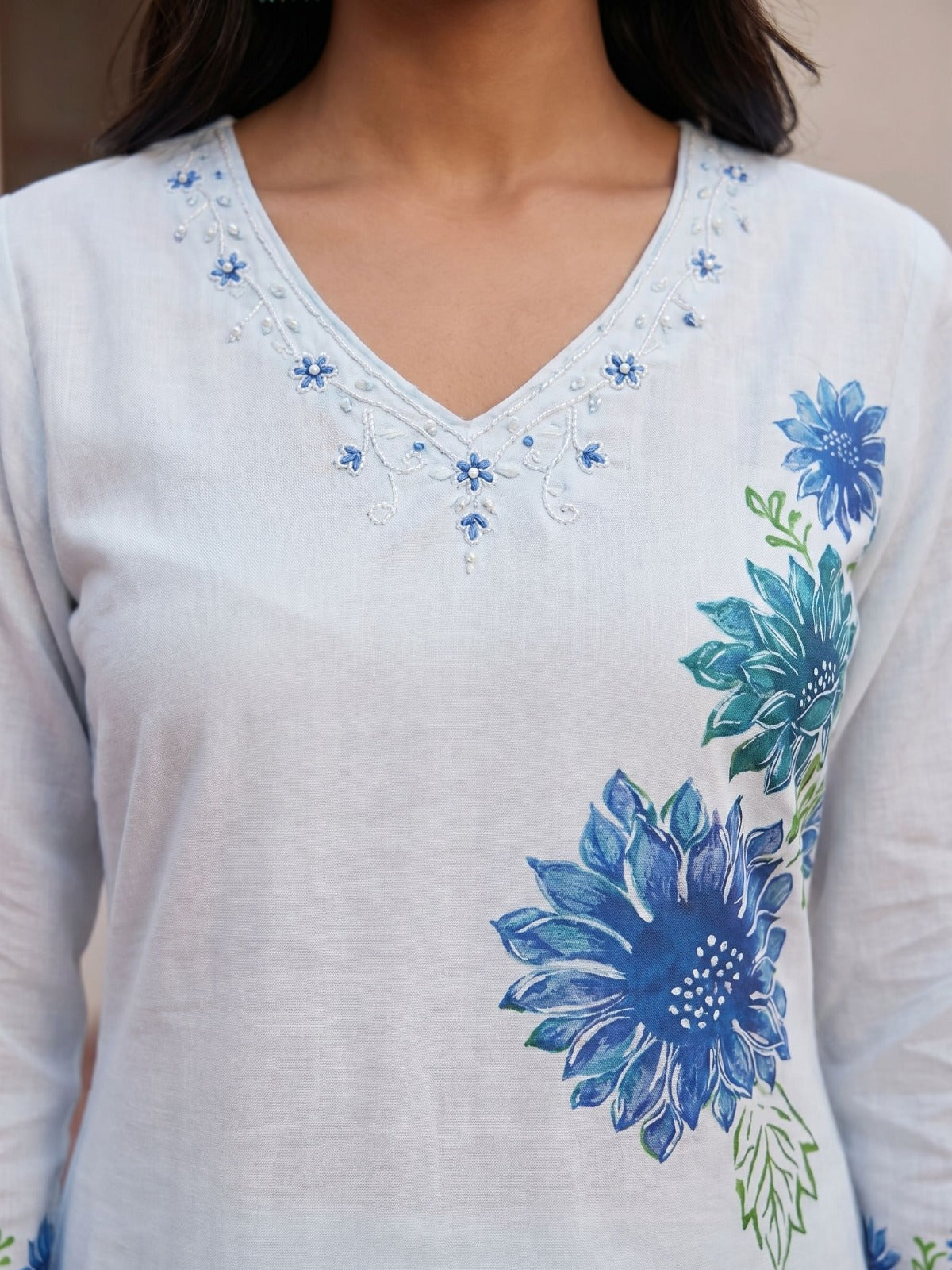 Ivory Blue Floral Suit Set