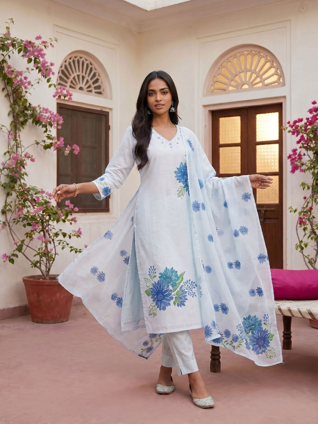 Ivory Blue Floral Suit Set
