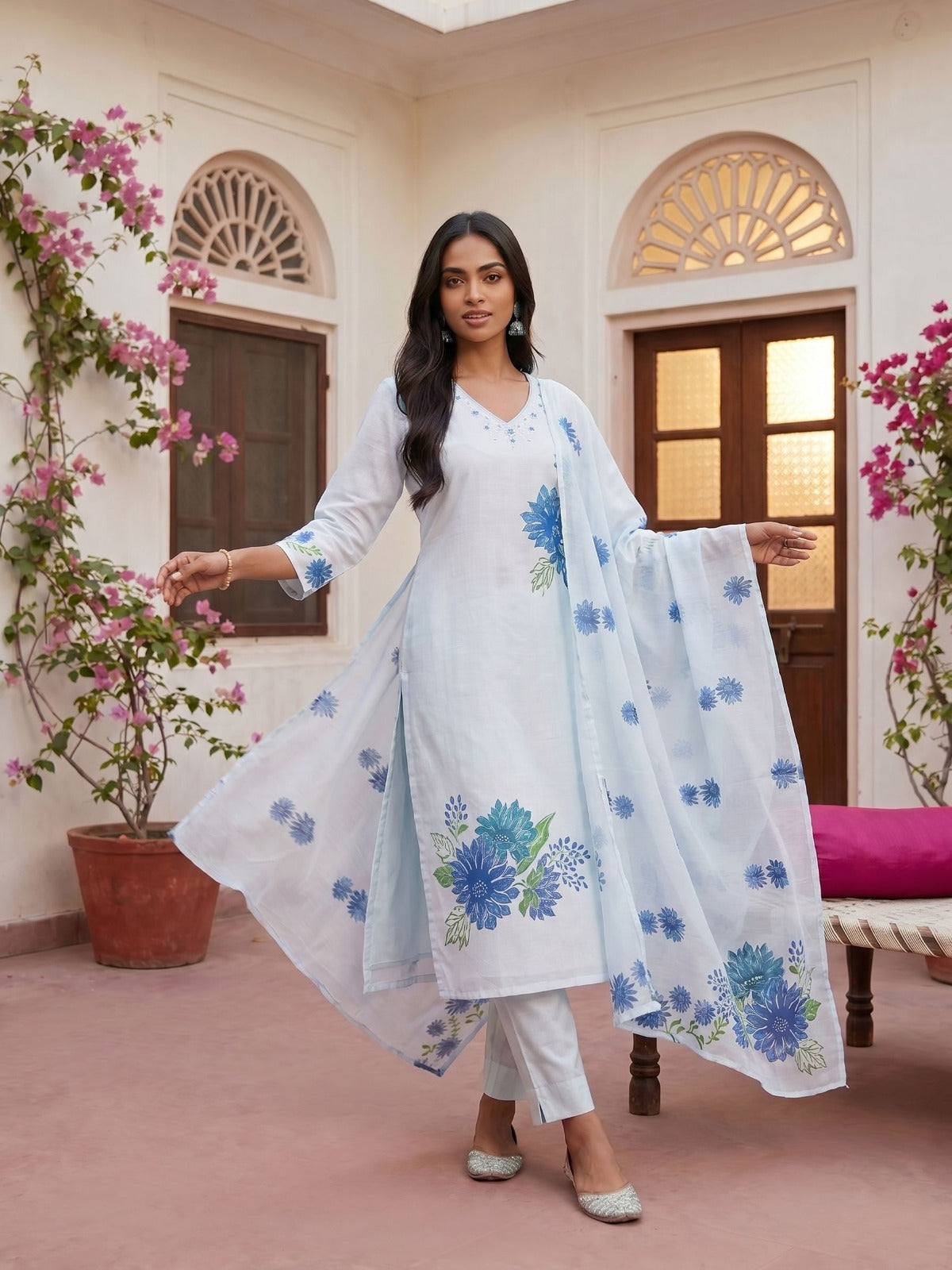 Ivory Blue Floral Suit Set