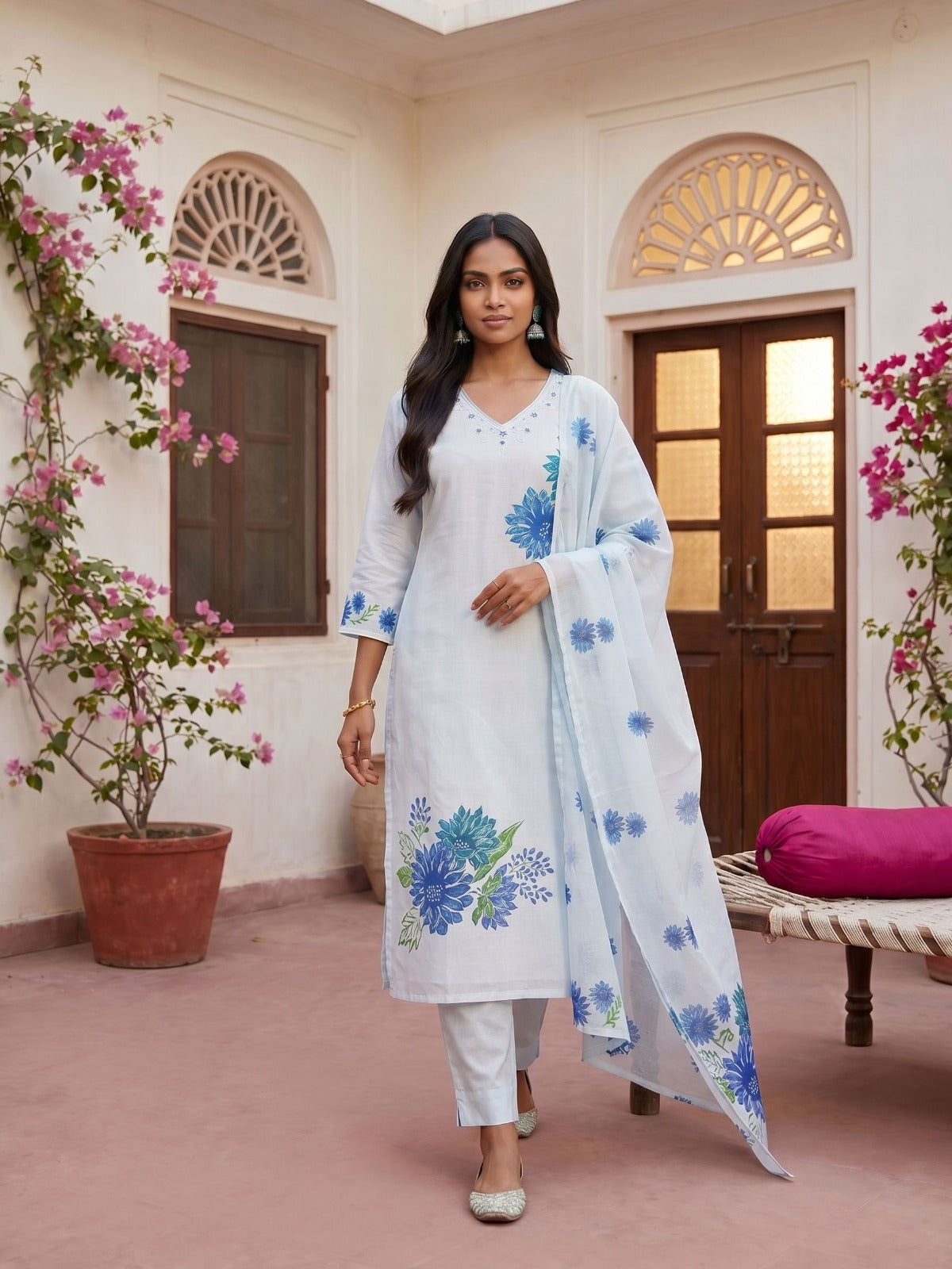 Ivory Blue Floral Suit Set