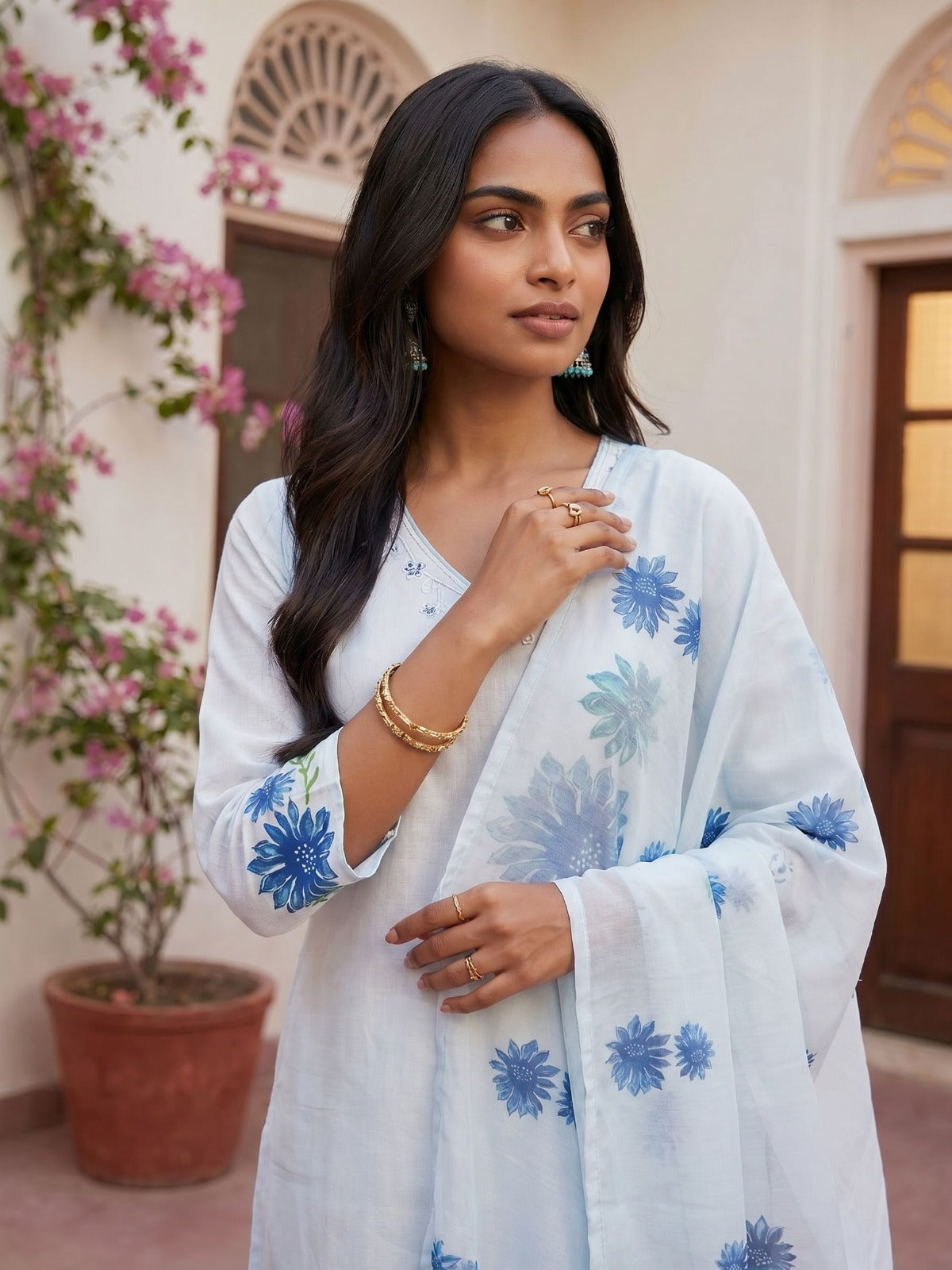 Ivory Blue Floral Suit Set