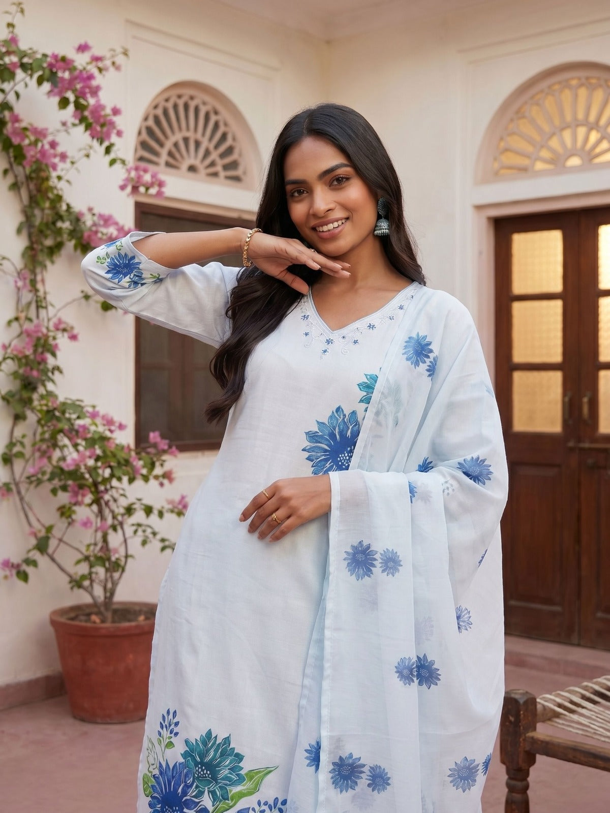 Ivory Blue Floral Suit Set