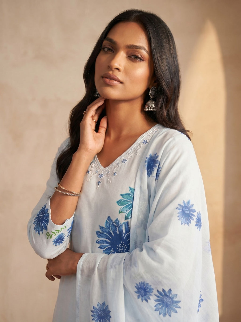 Ivory Blue Floral Suit Set